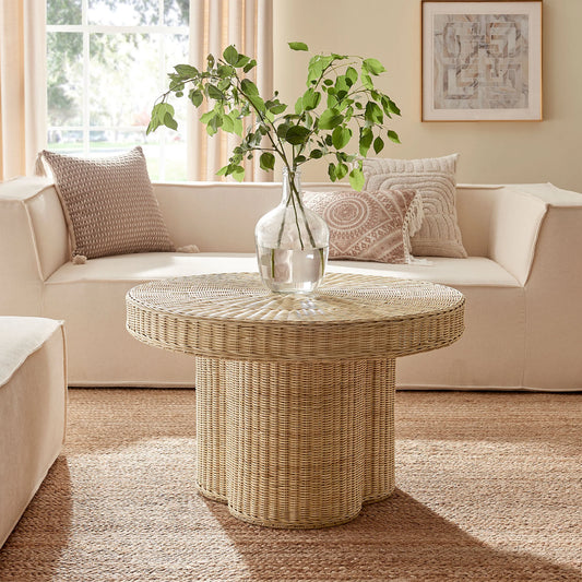 Ainsley 32-Inch Round Natural Rattan Coffee Table – Woven Outdoor & Indoor Accent Table