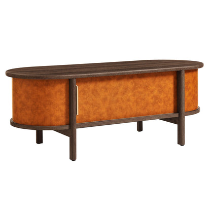 Coralie Curved Vegan Leather Oval Coffee Table in Walnut Tan – Modern Living Room Accent