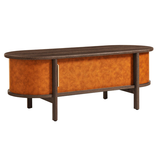 Coralie Curved Vegan Leather Oval Coffee Table in Walnut Tan
