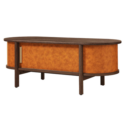 Coralie Curved Vegan Leather Oval Coffee Table in Walnut Tan – Modern Living Room Accent
