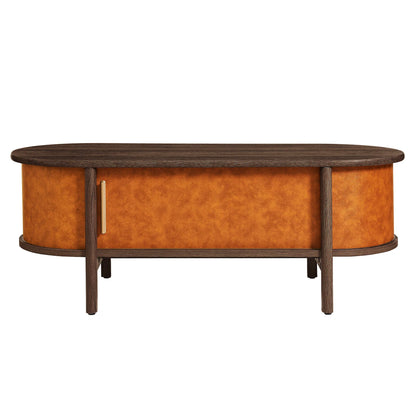 Coralie Curved Vegan Leather Oval Coffee Table in Walnut Tan – Modern Living Room Accent