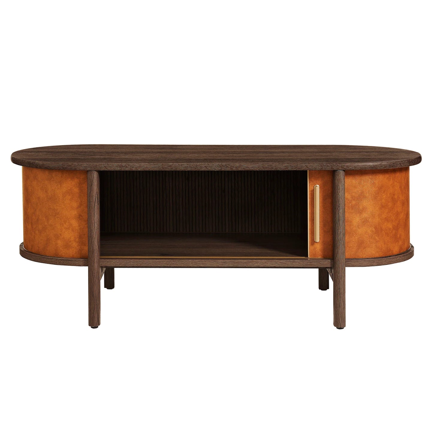 Coralie Curved Vegan Leather Oval Coffee Table in Walnut Tan – Modern Living Room Accent