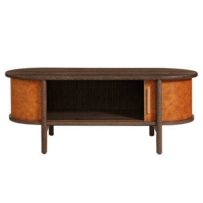 Coralie Curved Vegan Leather Oval Coffee Table in Walnut Tan – Modern Living Room Accent