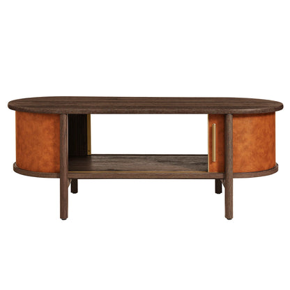 Coralie Curved Vegan Leather Oval Coffee Table in Walnut Tan – Modern Living Room Accent