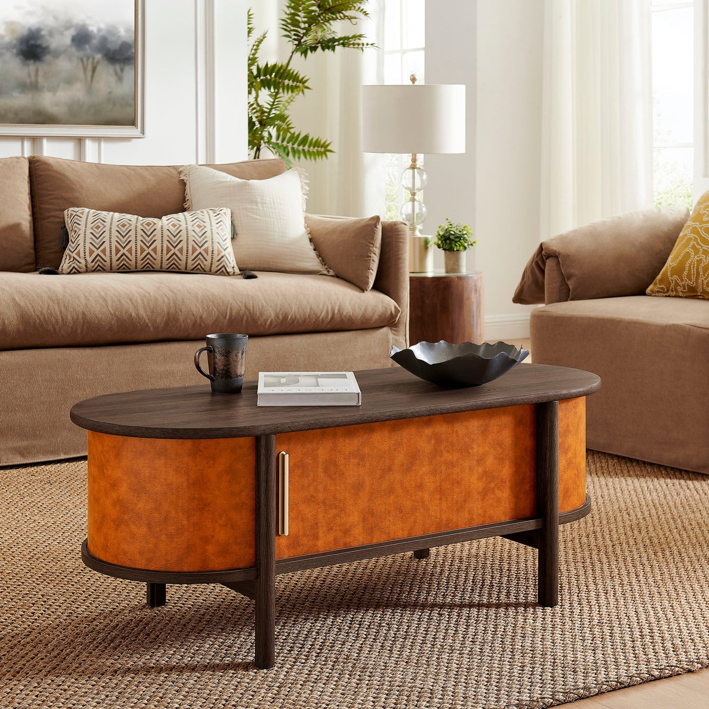 Coralie Curved Vegan Leather Oval Coffee Table in Walnut Tan – Modern Living Room Accent