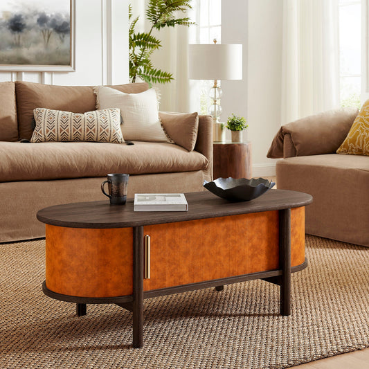 Coralie Curved Vegan Leather Oval Coffee Table in Walnut Tan – Modern Living Room Accent