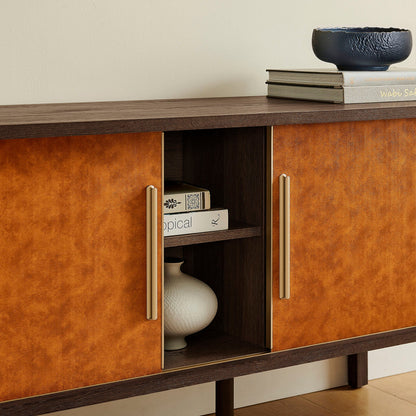 Coralie Curved 71" Vegan Leather Oval TV Stand in Walnut Tan – Modern Media Console