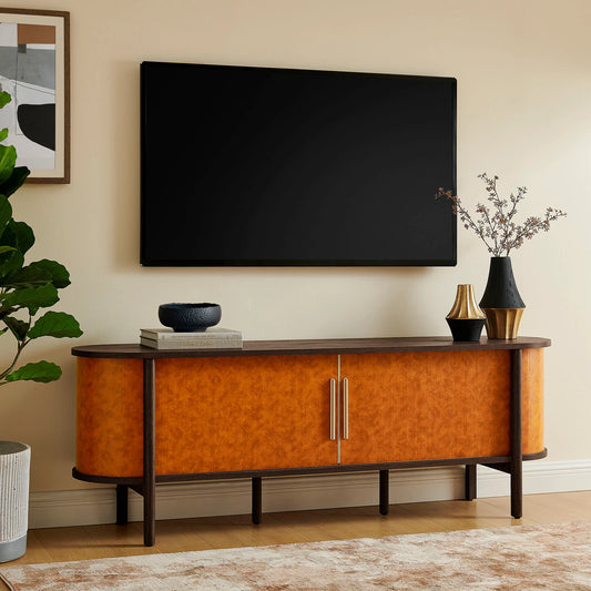 Coralie Curved 71" Vegan Leather Oval TV Stand in Walnut Tan – Modern Media Console