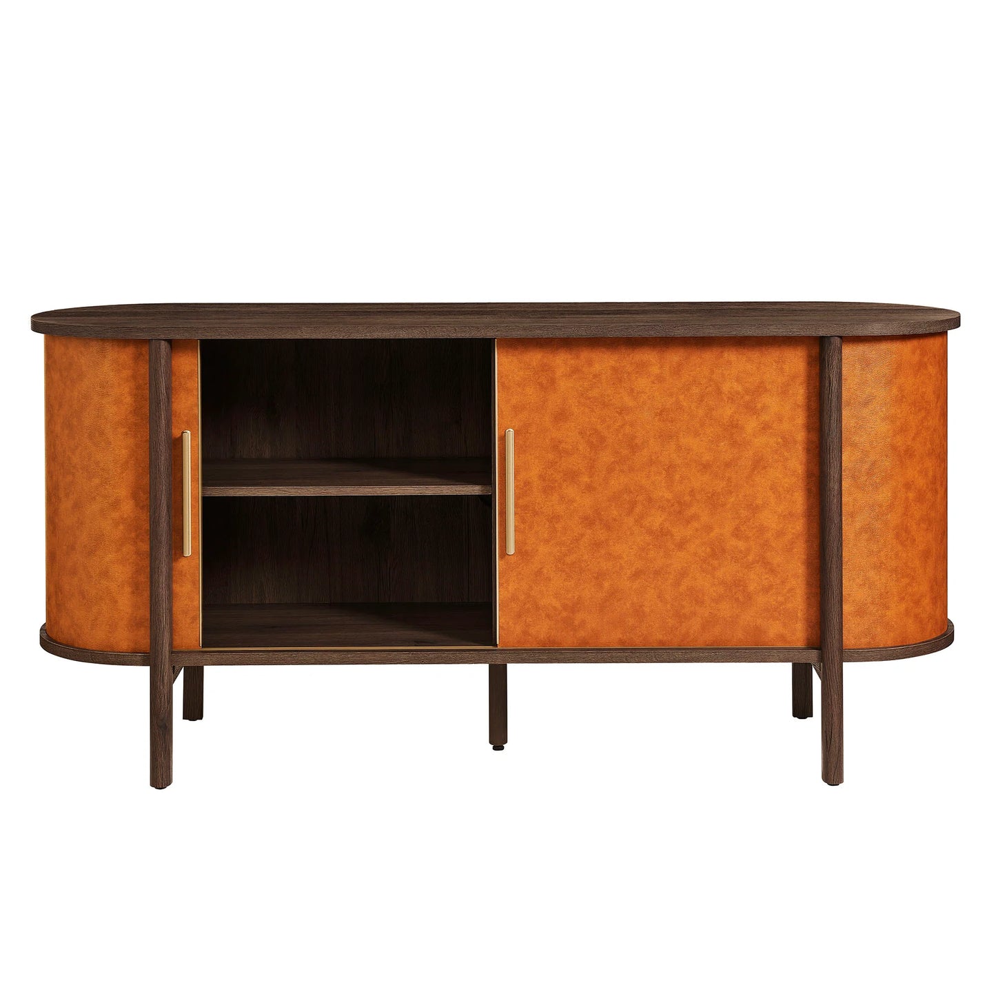 Coralie Curved Vegan Leather Oval Sideboard in Walnut Tan – Elegant Storage Cabinet