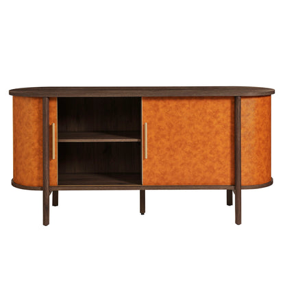 Coralie Curved Vegan Leather Oval Sideboard in Walnut Tan – Elegant Storage Cabinet