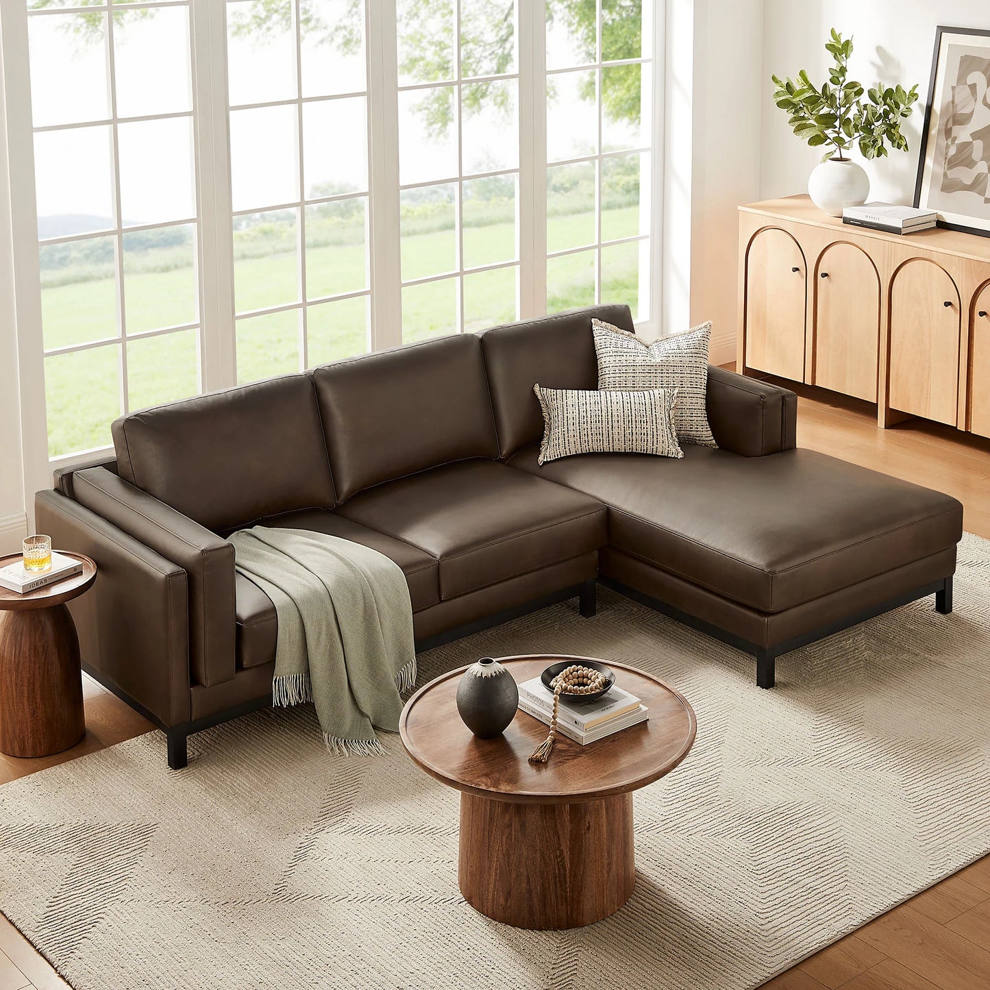 Roscoe Right-Facing Vegan Leather Sectional Sofa – Modern L-Shaped Couch with Chaise Lounge