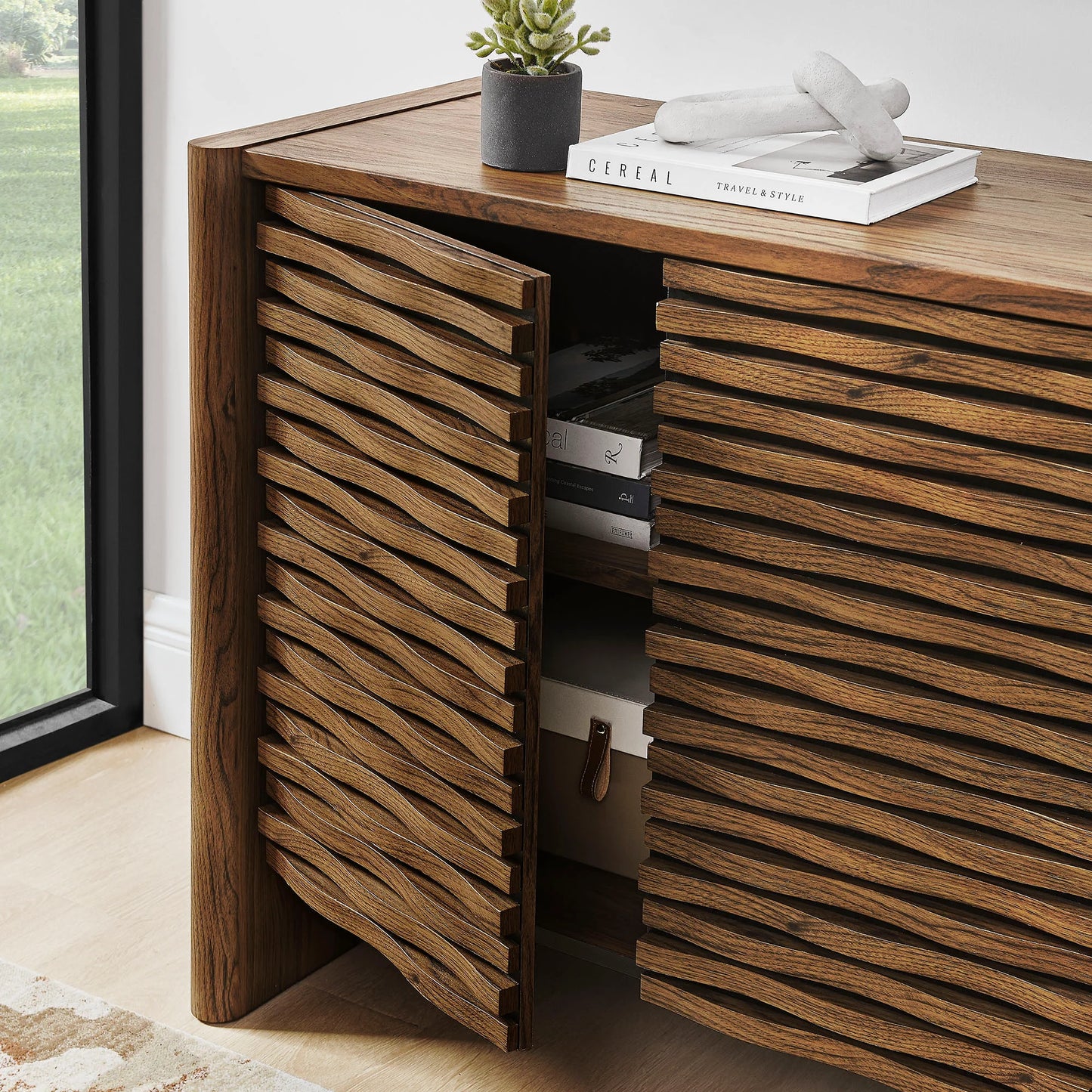 Emric Wave Accent Cabinet in Walnut – Modern Storage with Curved Design