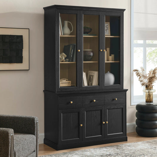 Amara 79-Inch Black Oak Storage Display Cabinet – Large Modern Cabinet with Shelves & Doors