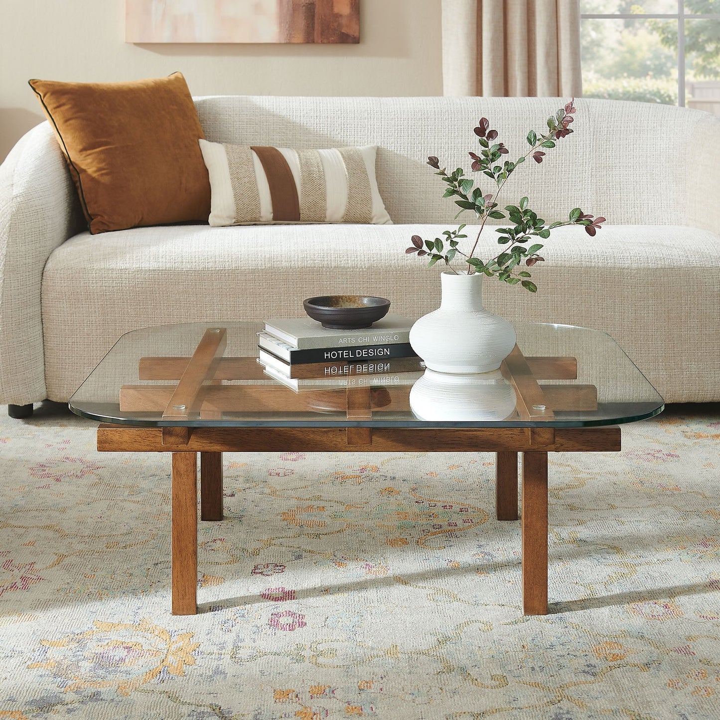 Isby 35-Inch Tempered Glass Coffee Table – Modern Round Living Room Table with Metal Base