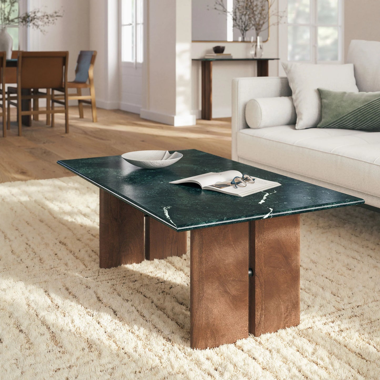 Amistad Walnut Green Marble Rectangular Coffee Table