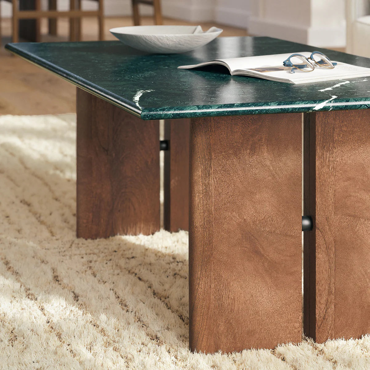 Amistad Walnut Green Marble Rectangular Coffee Table