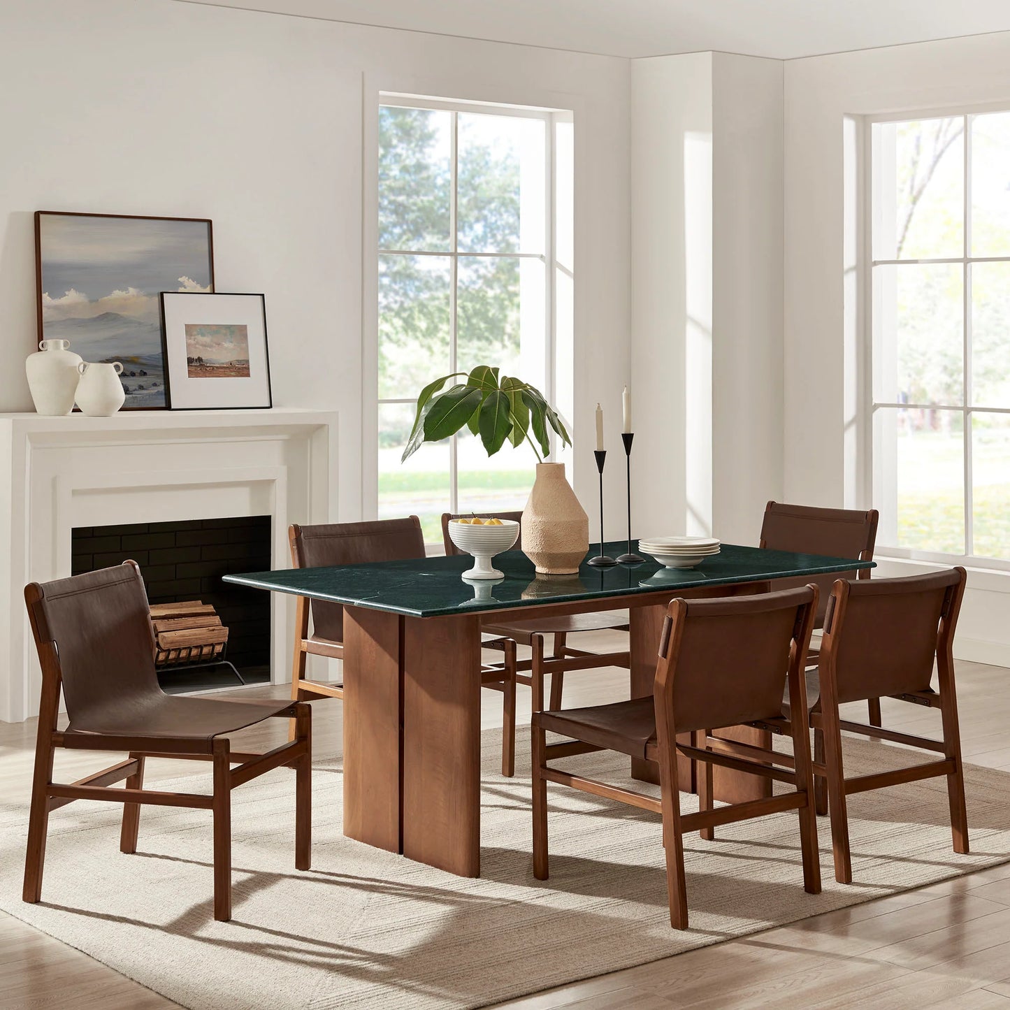 Amistad 72‑Inch Walnut Green Marble Dining Table