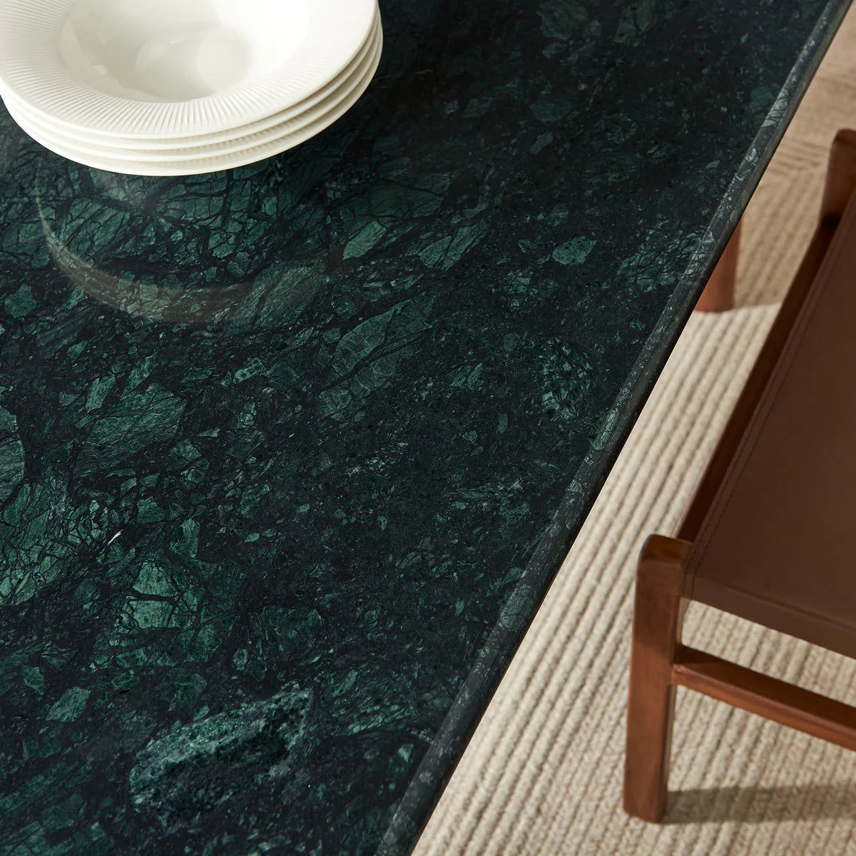 Amistad 72‑Inch Walnut Green Marble Dining Table