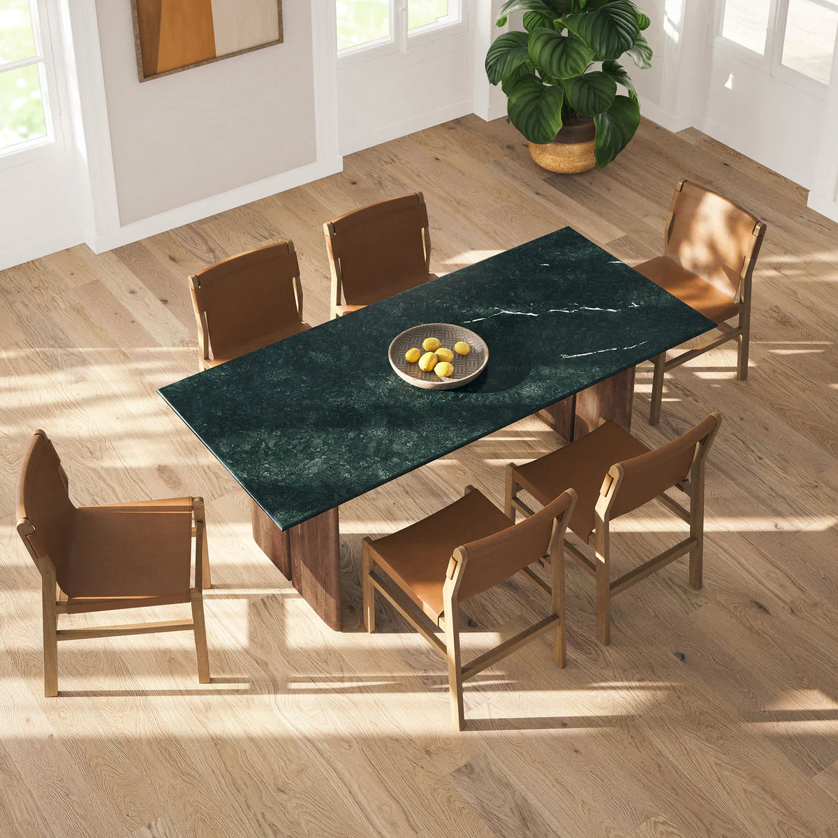 Amistad 86‑Inch Walnut Green Marble Dining Table
