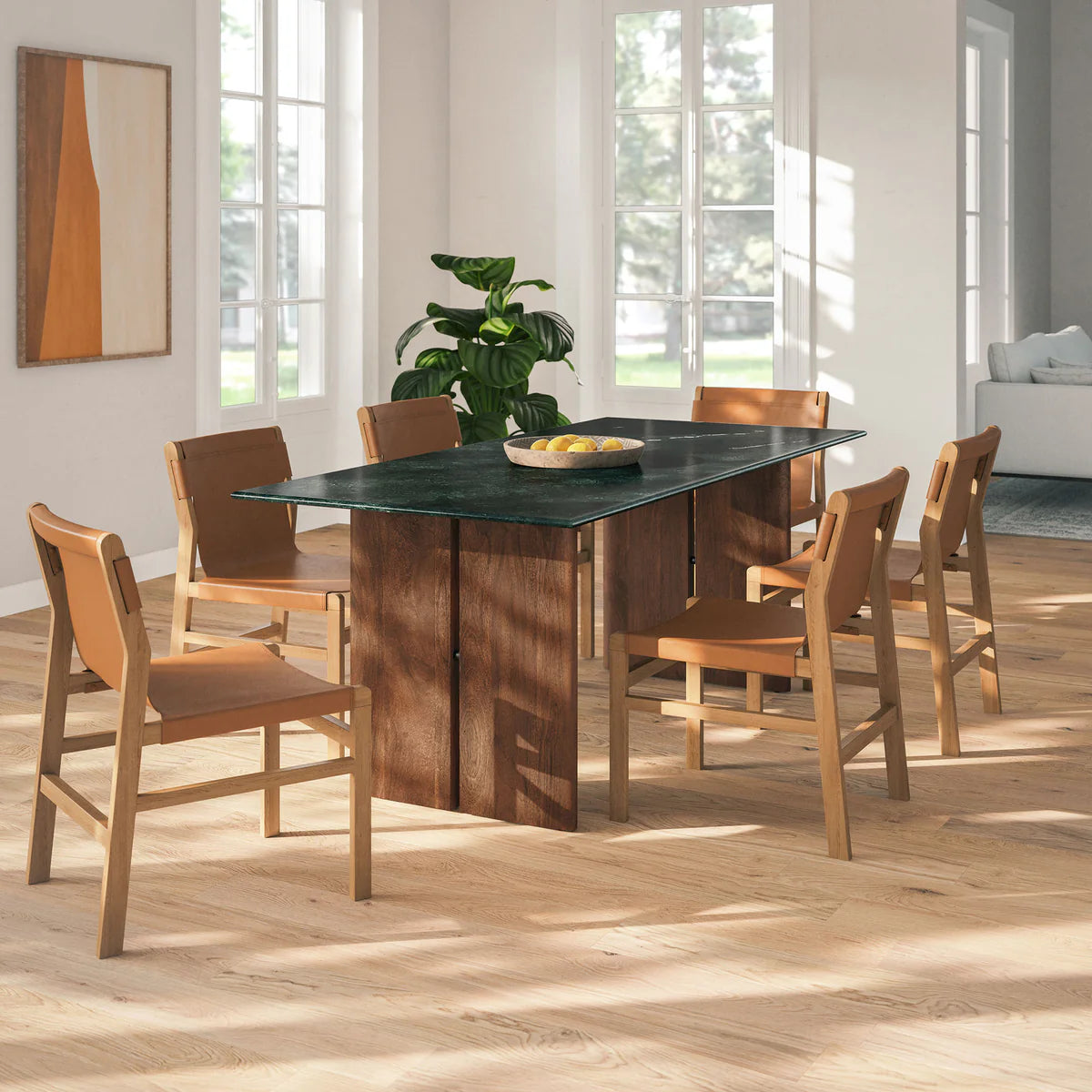 Amistad 86‑Inch Walnut Green Marble Dining Table