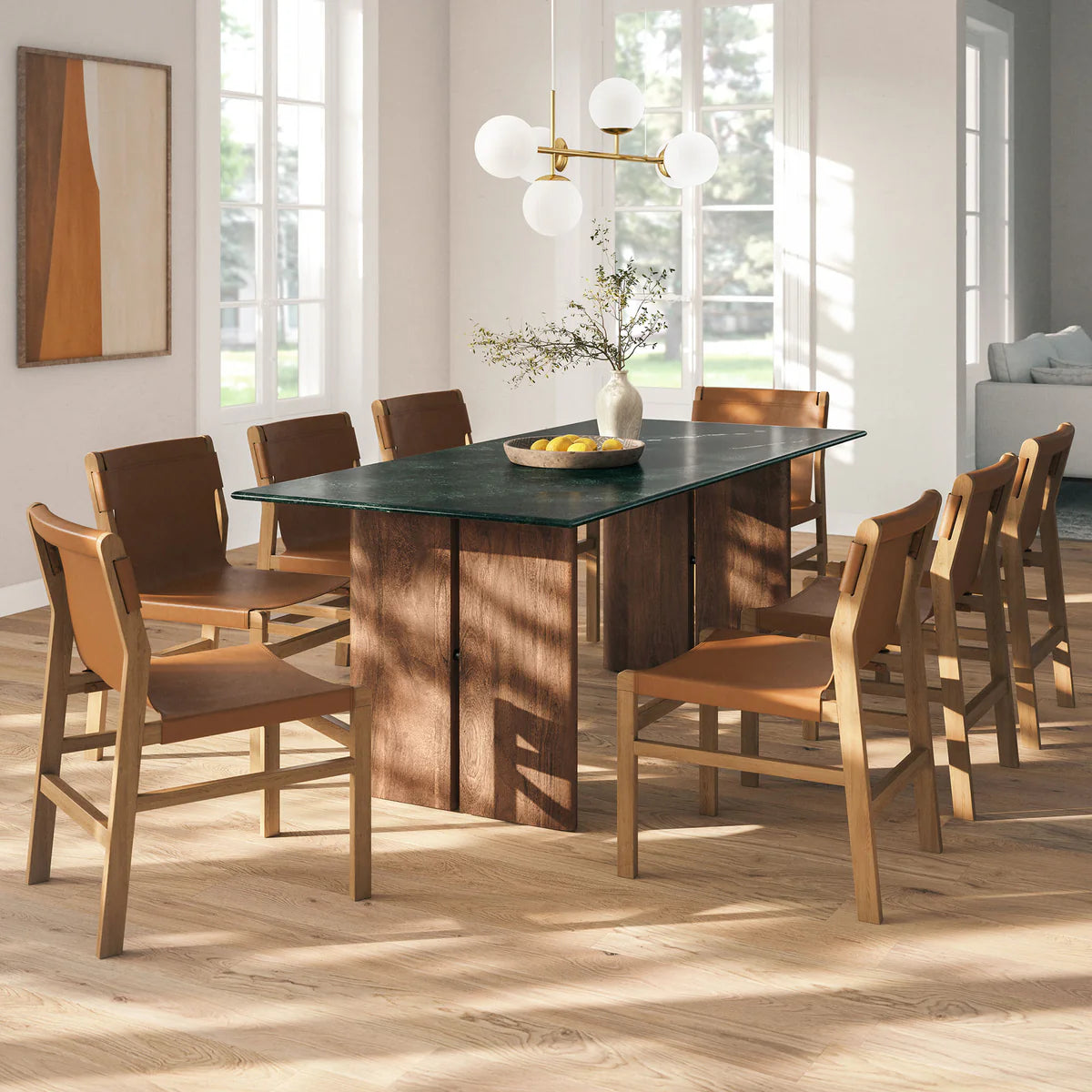 Amistad 86‑Inch Walnut Green Marble Dining Table