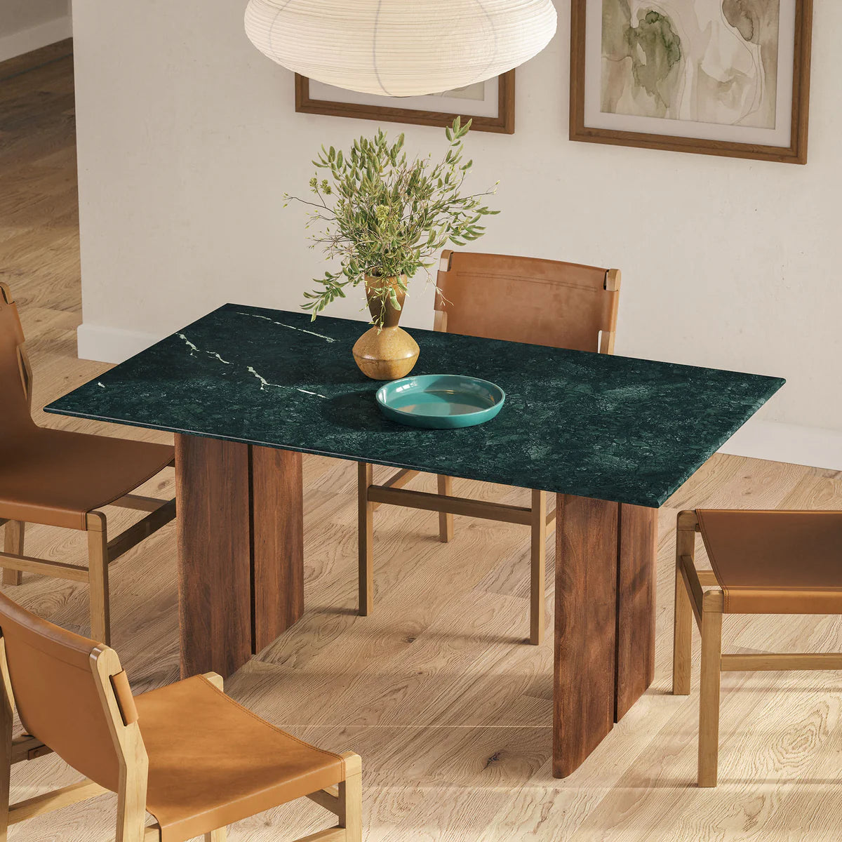 Amistad 60‑Inch Walnut Green Marble Dining Table
