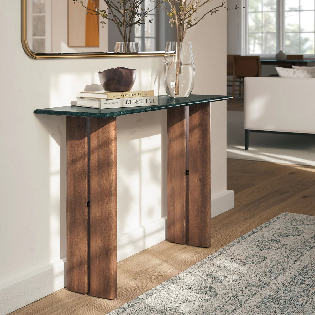Amistad 46‑Inch Walnut Green Marble Console Table