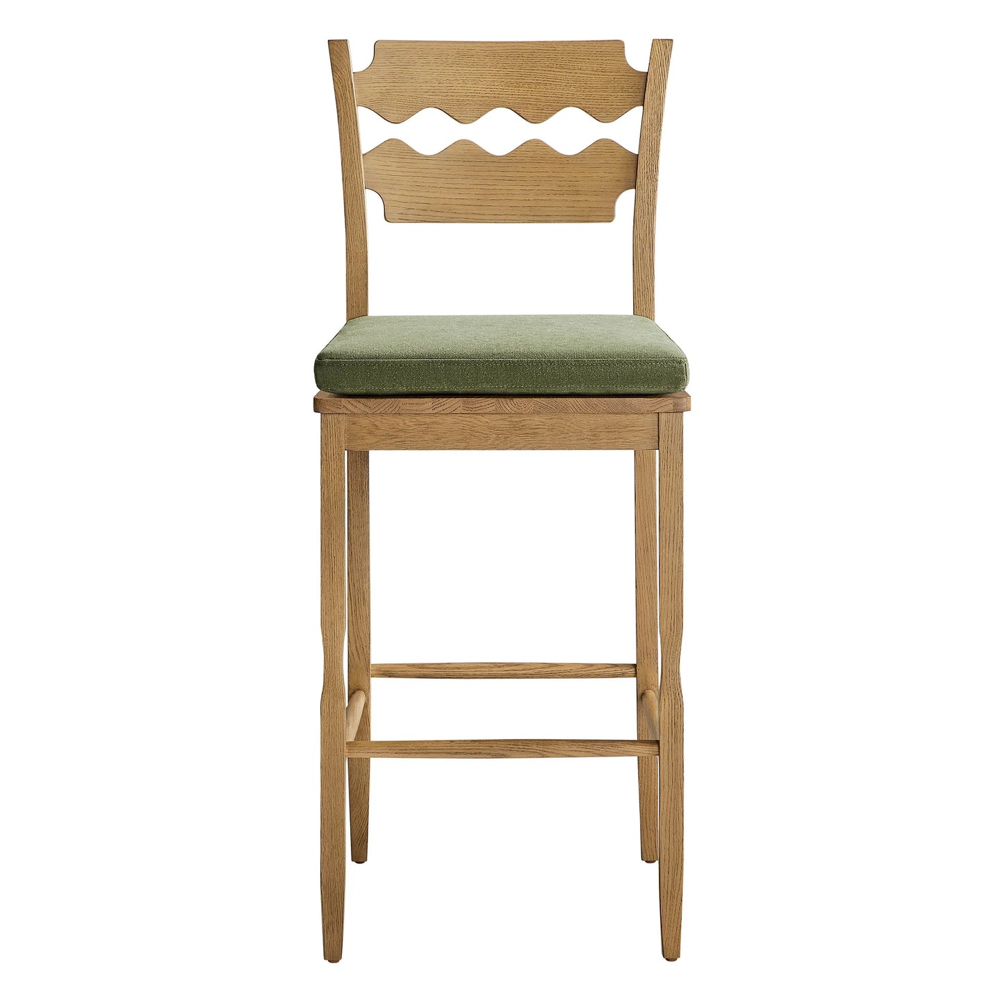 Jax Oak Wood Bar Stool With Wavy Razor Back and Cushion