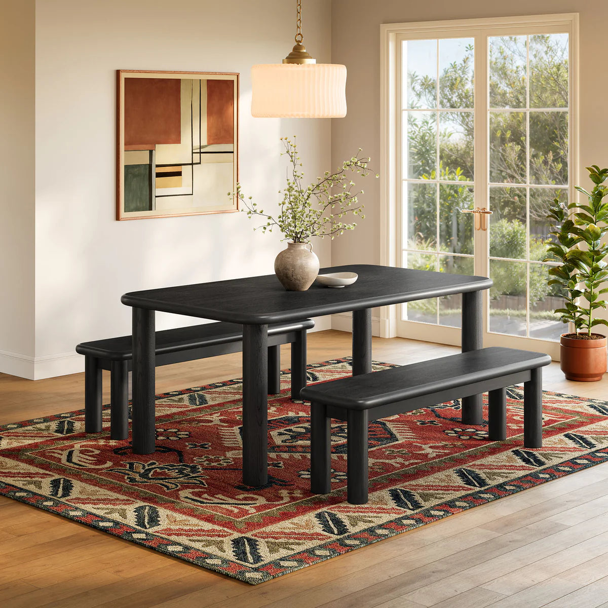Alvia 3‑Piece Oak Wood Dining Table and Benches Set