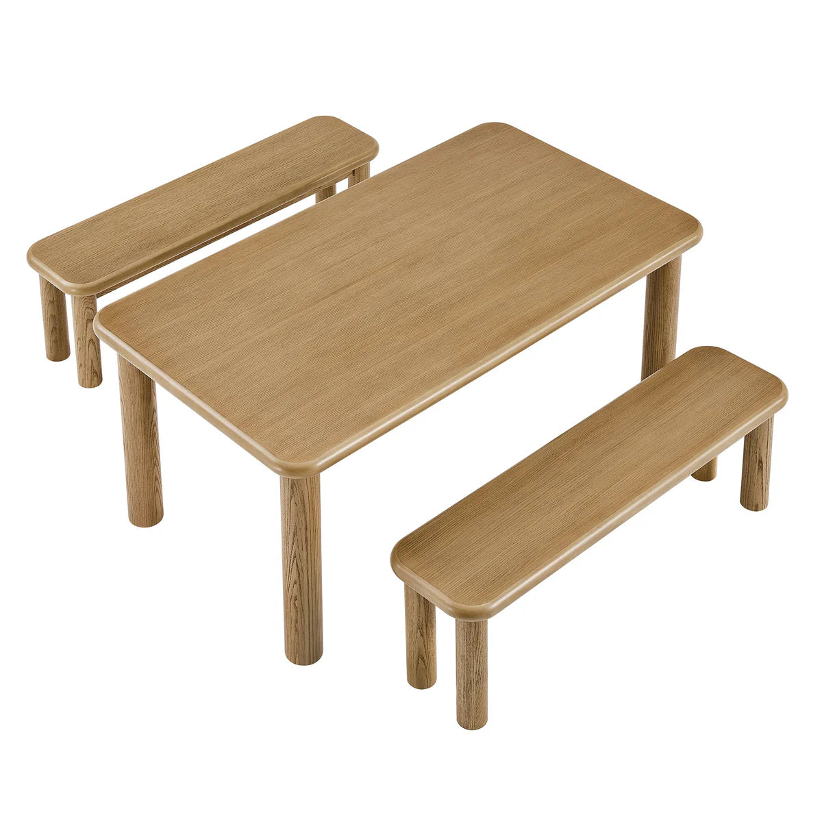 Alvia 3‑Piece Oak Wood Dining Table and Benches Set