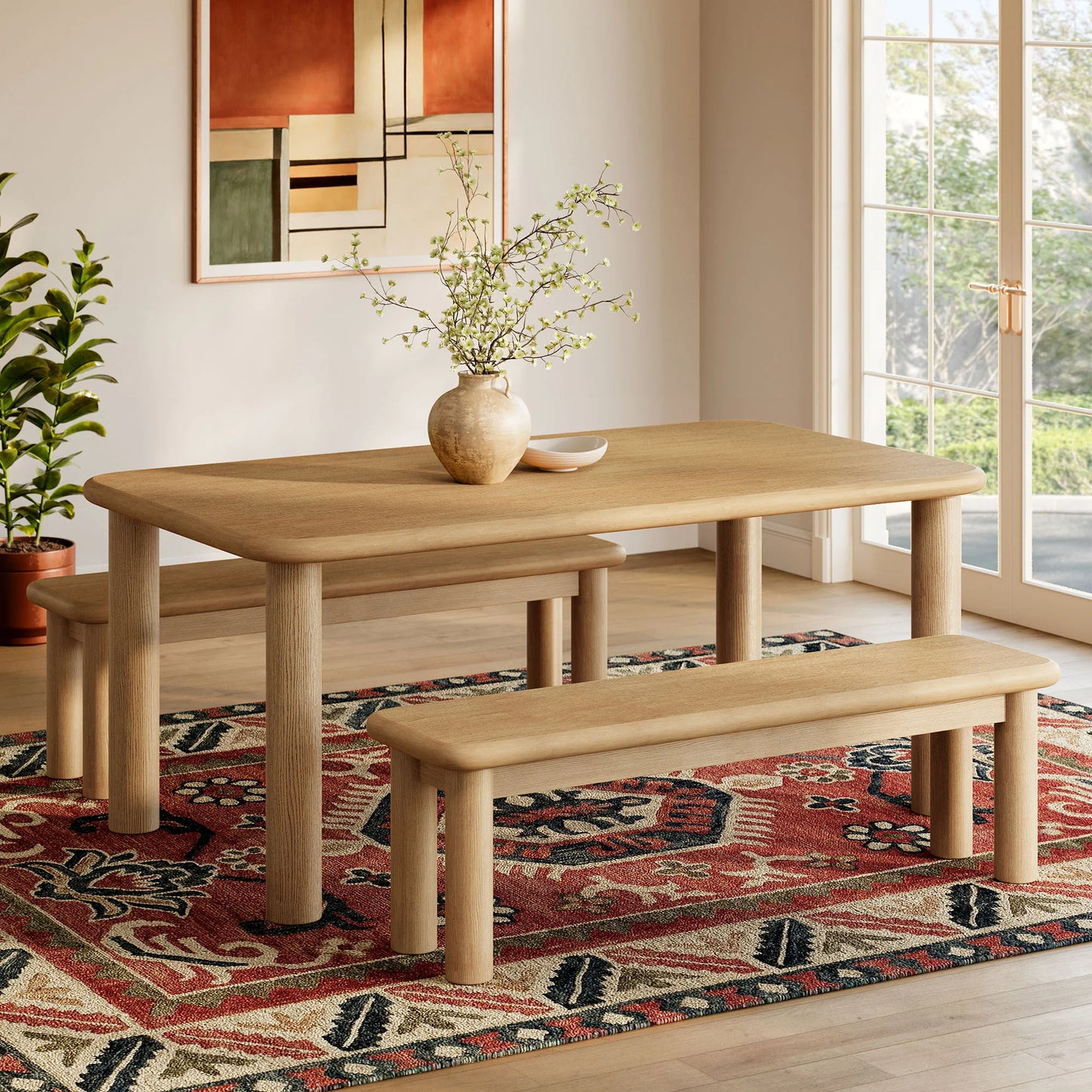 Alvia 3‑Piece Oak Wood Dining Table and Benches Set