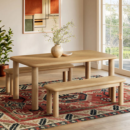 Alvia 3‑Piece Oak Wood Dining Table and Benches Set