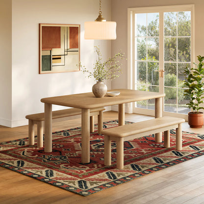 Alvia 3‑Piece Oak Wood Dining Table and Benches Set