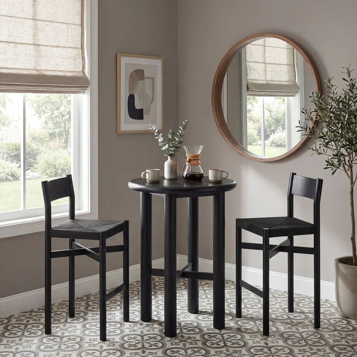 Alvia 3‑Piece Round Oak Wood Bar Table and Bar Stools Set