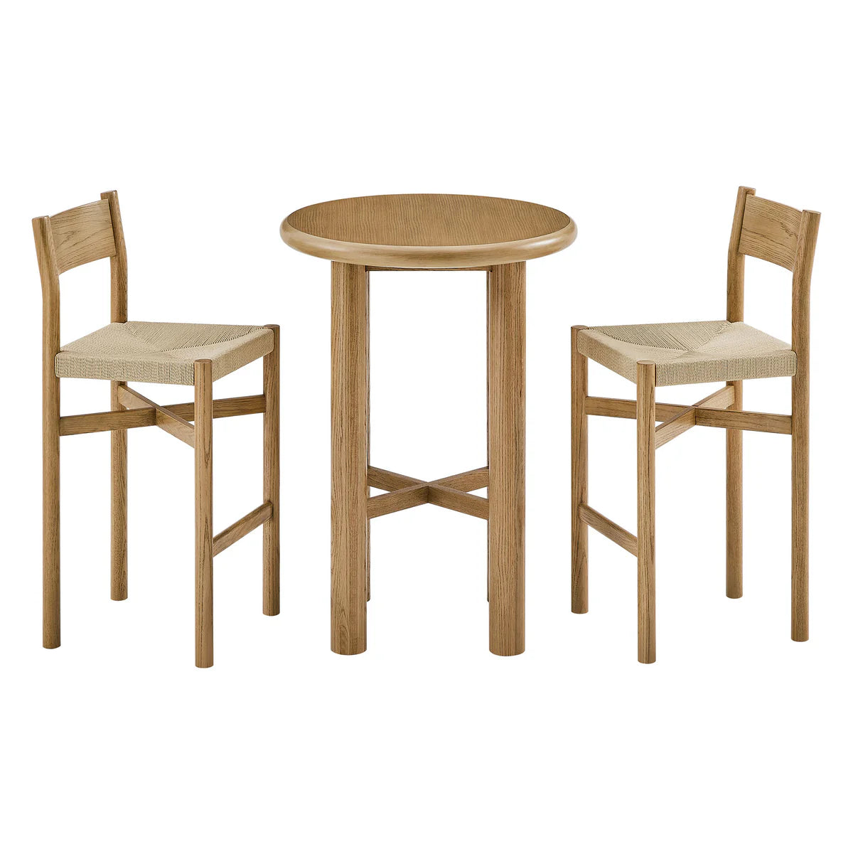 Alvia 3‑Piece Round Oak Wood Bar Table and Bar Stools Set