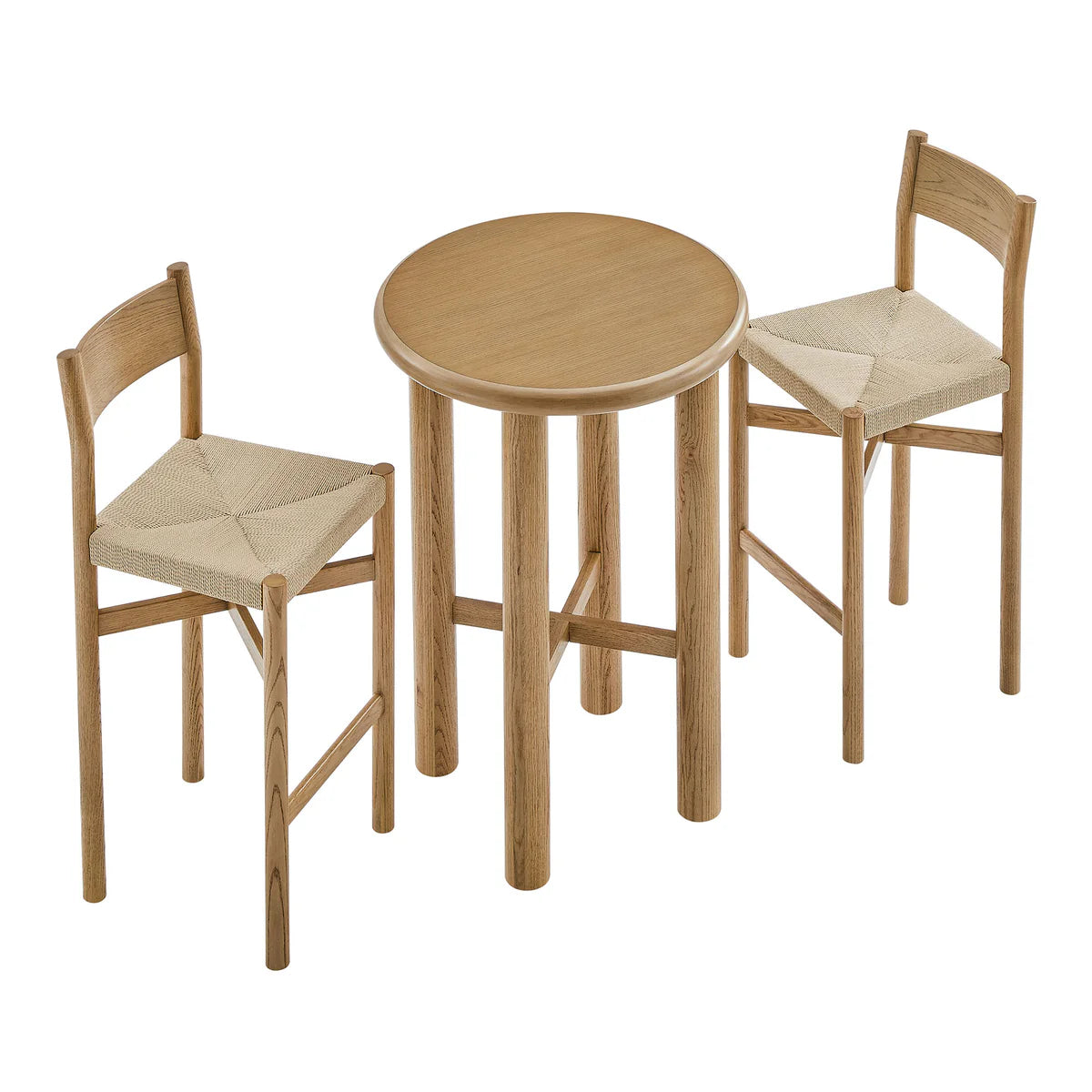 Alvia 3‑Piece Round Oak Wood Bar Table and Bar Stools Set