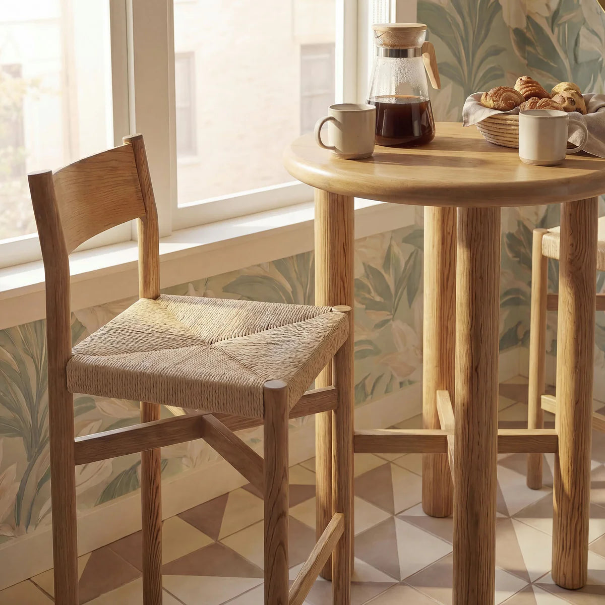 Alvia 3‑Piece Round Oak Wood Bar Table and Bar Stools Set