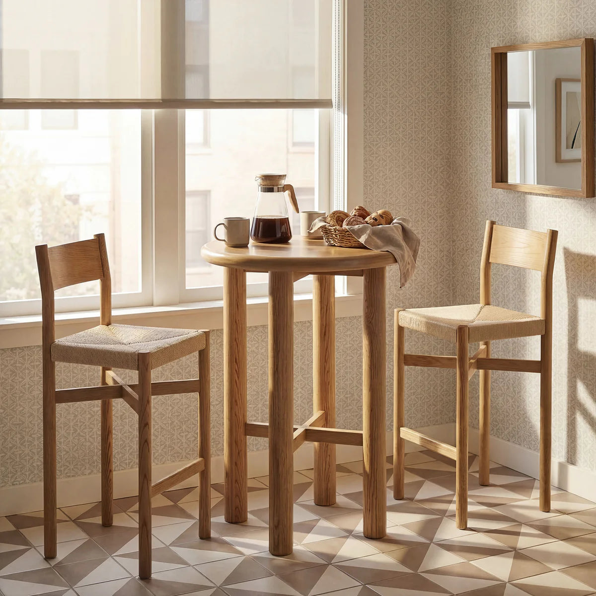 Alvia 3‑Piece Round Oak Wood Bar Table and Bar Stools Set