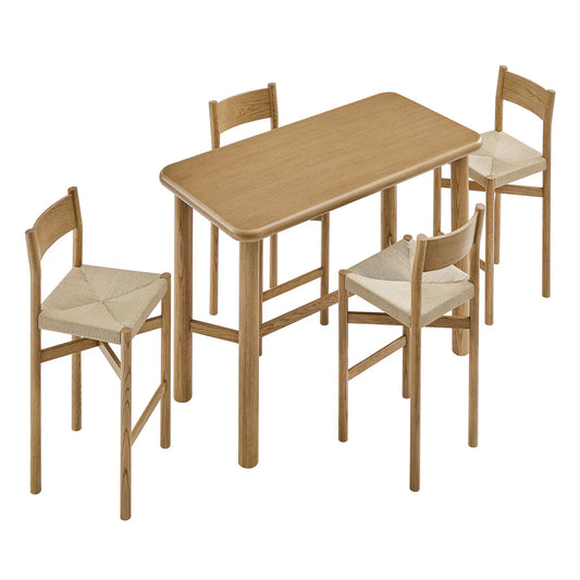 Alvia 5‑Piece Rectangular Oak Wood Bar Table and Bar Stools Set