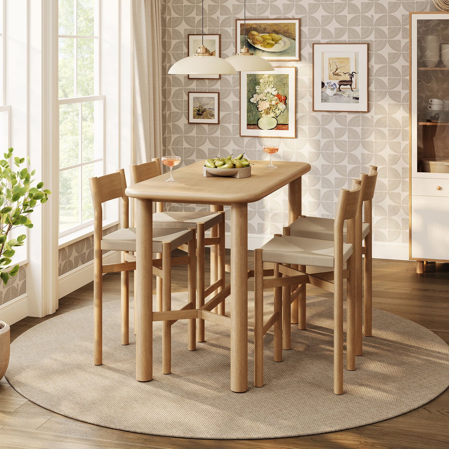 Alvia 5‑Piece Rectangular Oak Wood Bar Table and Bar Stools Set