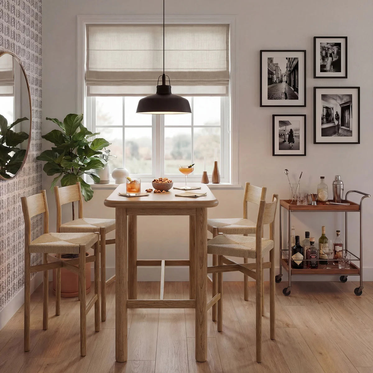 Alvia 5‑Piece Rectangular Oak Wood Bar Table and Bar Stools Set