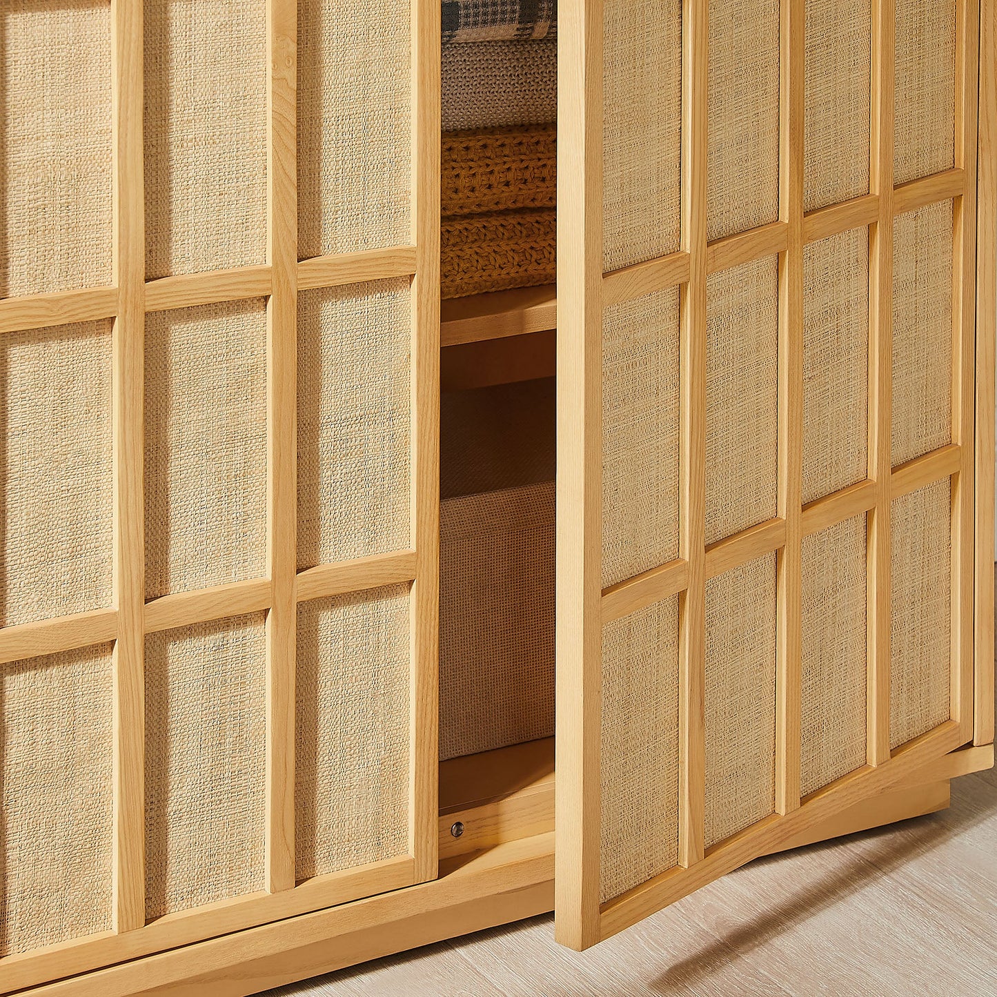 Aiko 64 Inch Tall Japandi Storage Cabinet in Light Oak