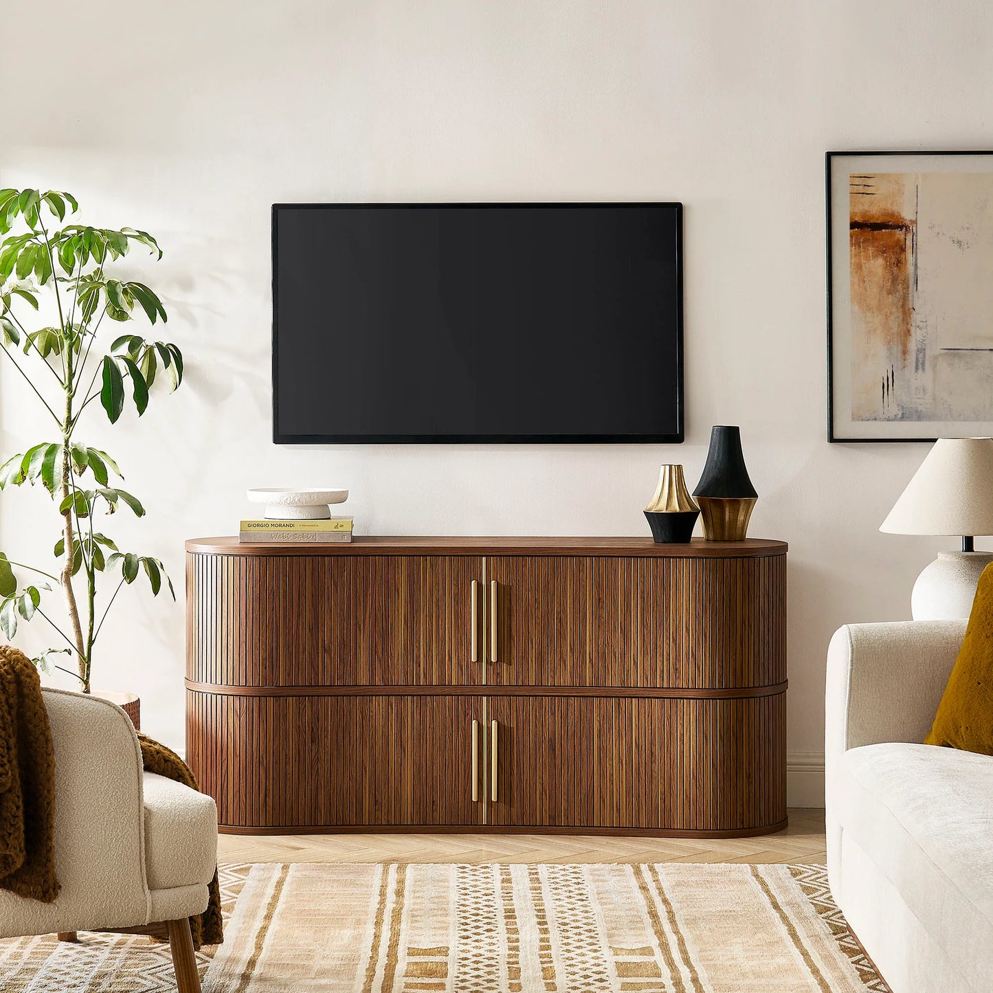 Radcliffe 63" Curved Fluted Sideboard Buffet Cabinet in Walnut