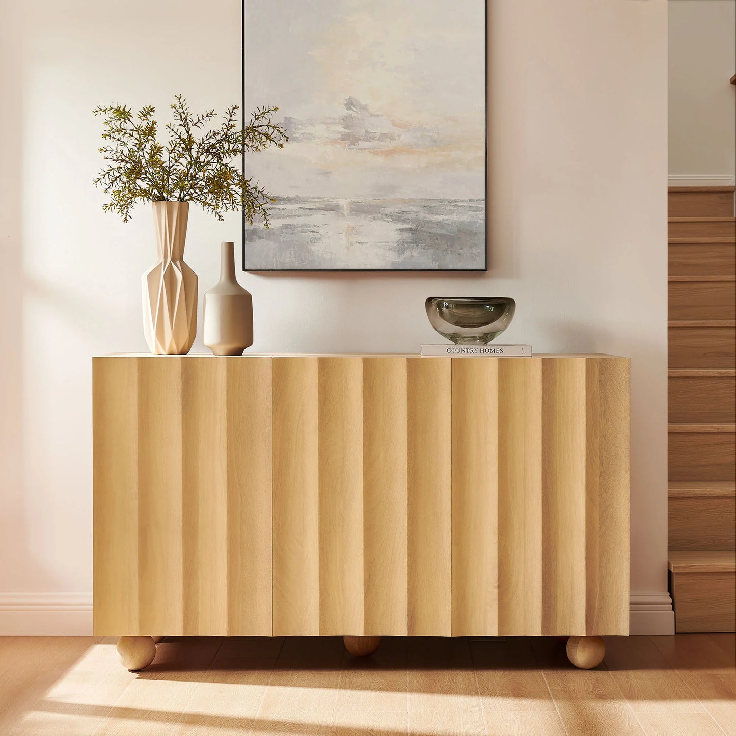 Sorren 54 Inch Scalloped Wood 3‑Door Sideboard