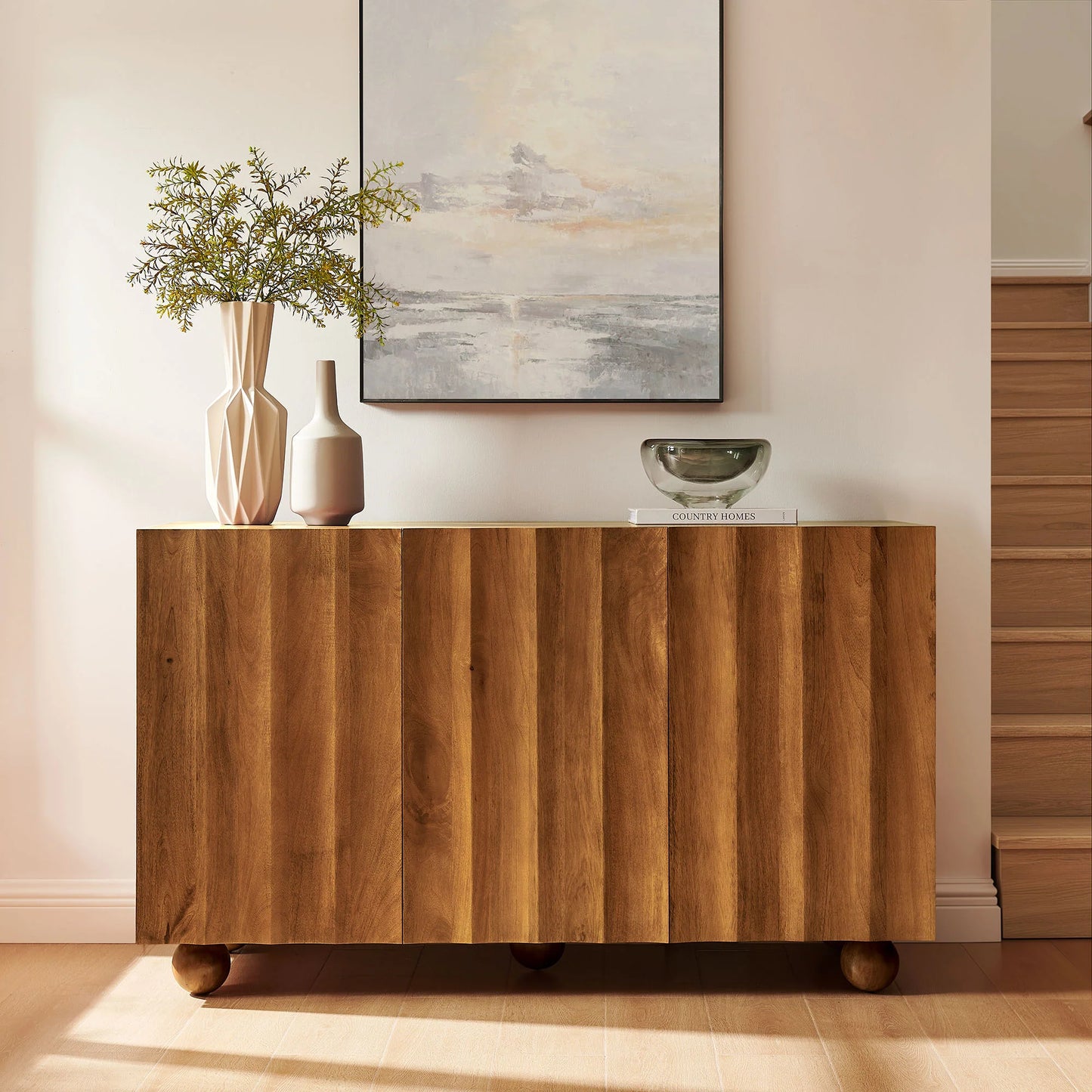 Sorren 54 Inch Scalloped Wood 3‑Door Sideboard