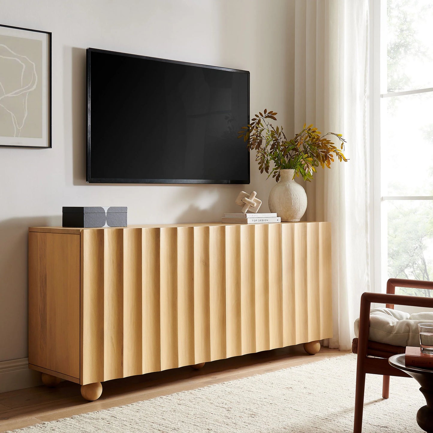 Sorren 72 Inch Scalloped Wood 4‑Door Sideboard