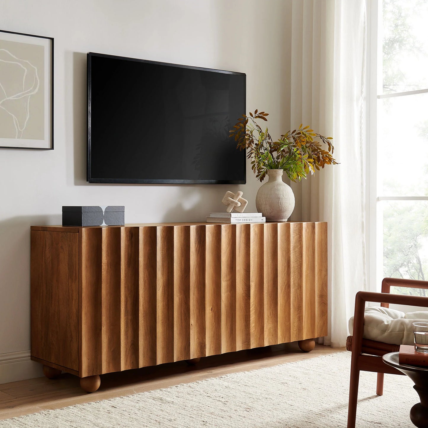 Sorren 72 Inch Scalloped Wood 4‑Door Sideboard