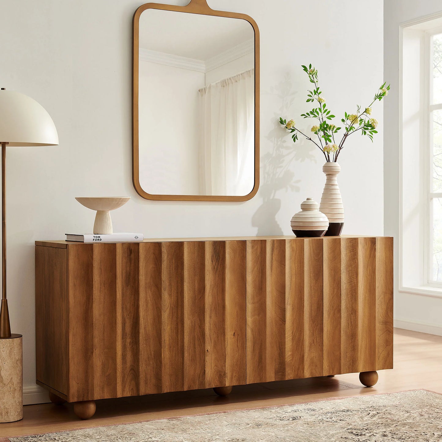 Sorren 72 Inch Scalloped Wood 4‑Door Sideboard