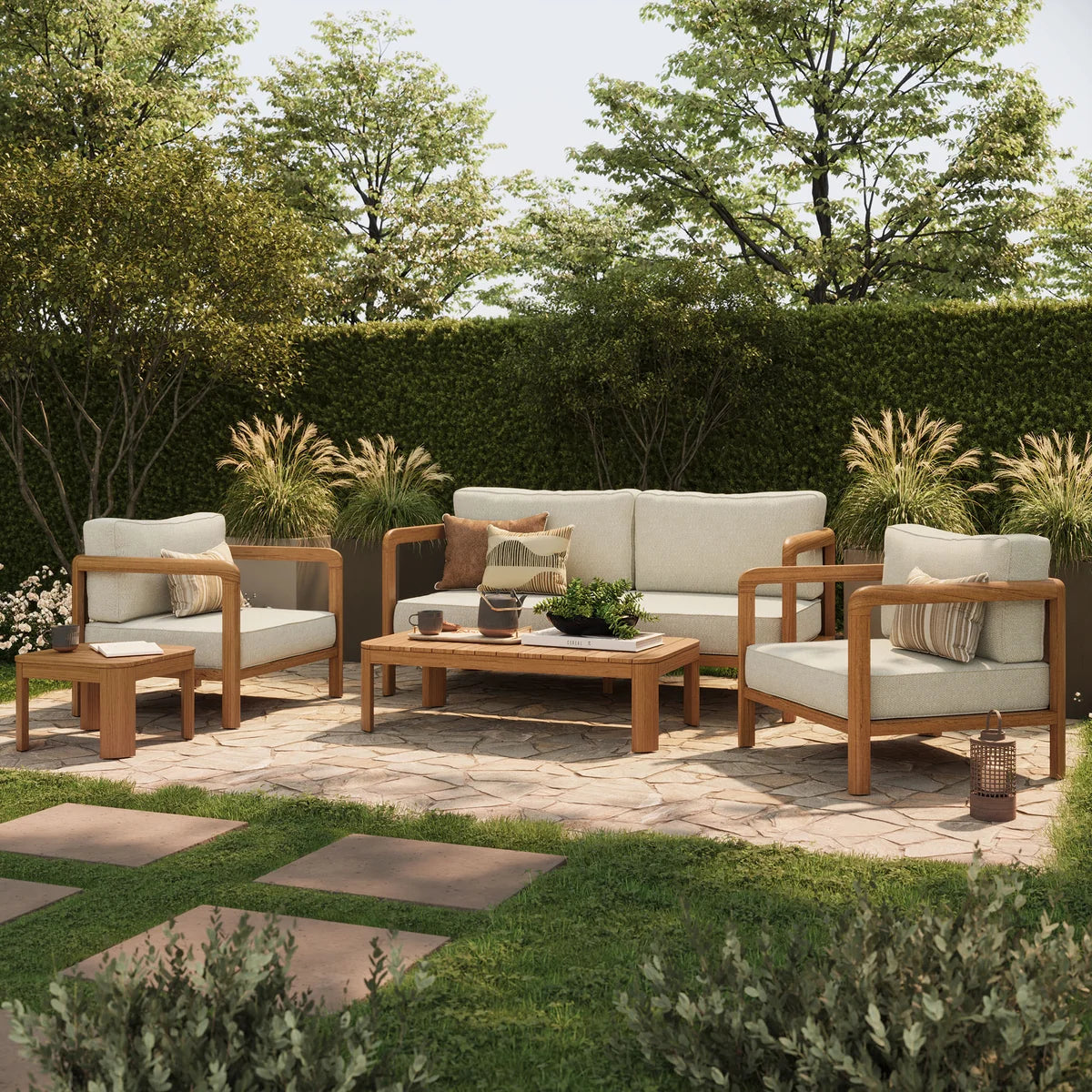 Kona 5-Piece Outdoor Teak Wood Patio Conversation Furniture Set