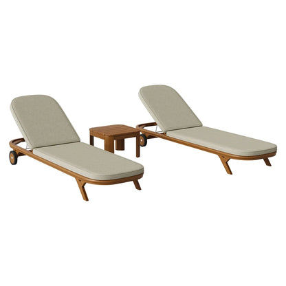 Kona 3-Piece Outdoor Teak Wood Patio Chaise Lounge Set with Side Table